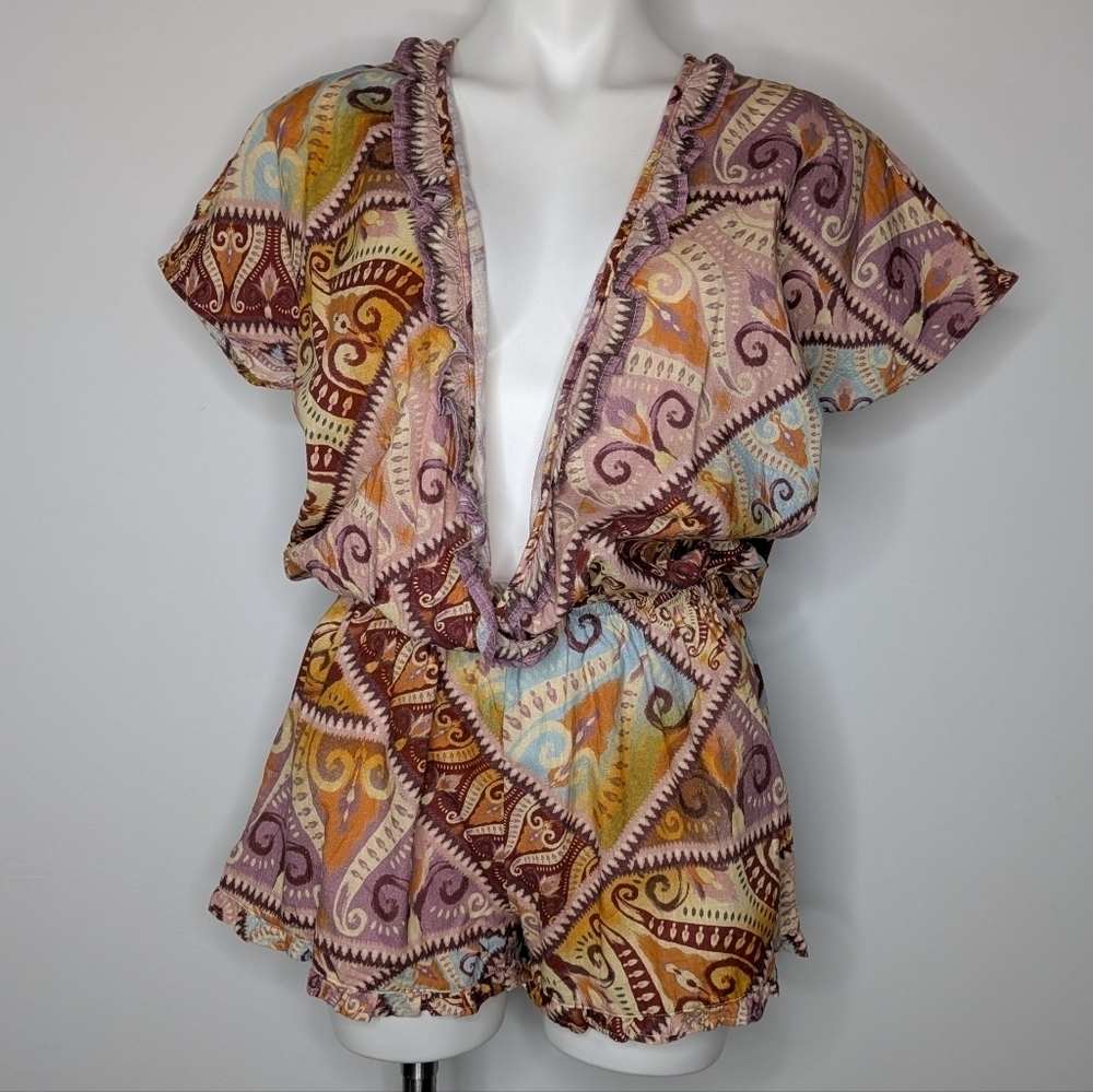 Agua Bendita Zenda Leva Orange Blue Deep V Neck Cotton Romper L